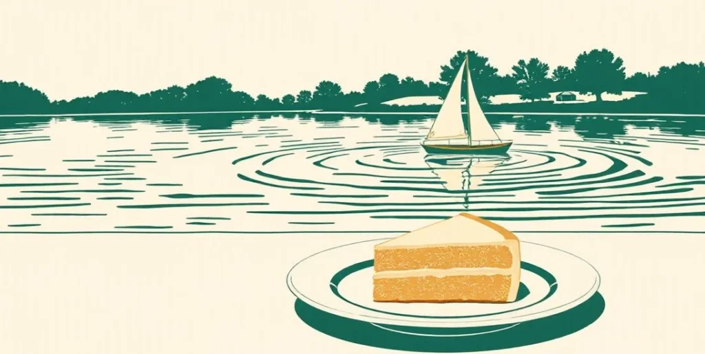 Illustration of a slice of cake beside a sailboat drifting on a calm pond