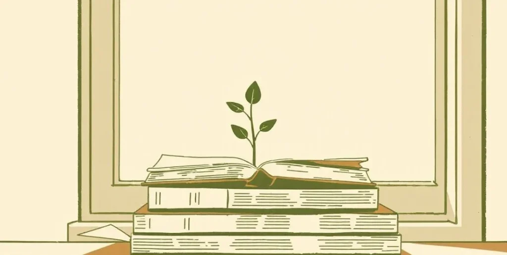 Illustration of a seedling sprouting from a stack of books on a windowsill