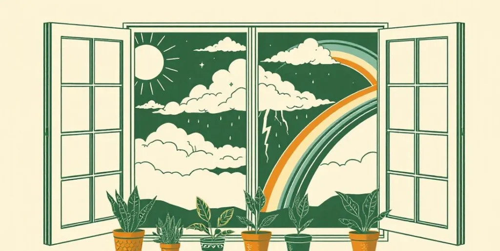 Illustration of a window showing sun, rain, lightning and a rainbow above potted plants