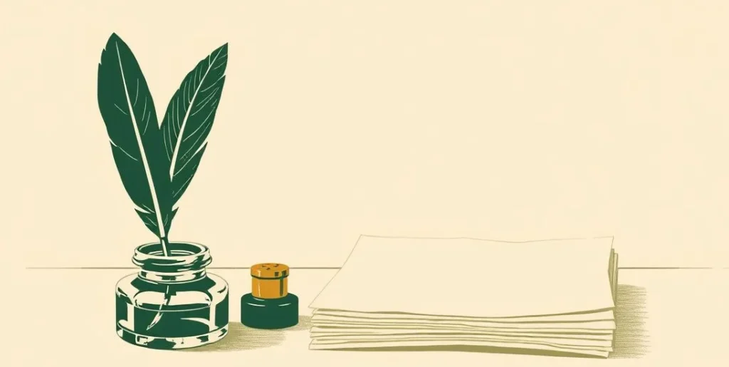 Illustration of a quill in an inkwell beside blank parchment and a paperweight
