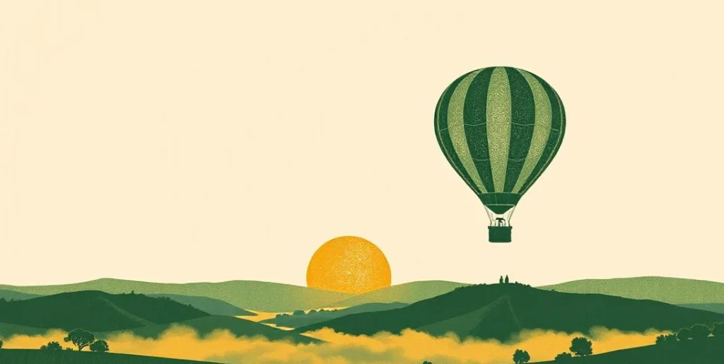 Illustration of a hot air balloon rising at sunrise over a green valley
