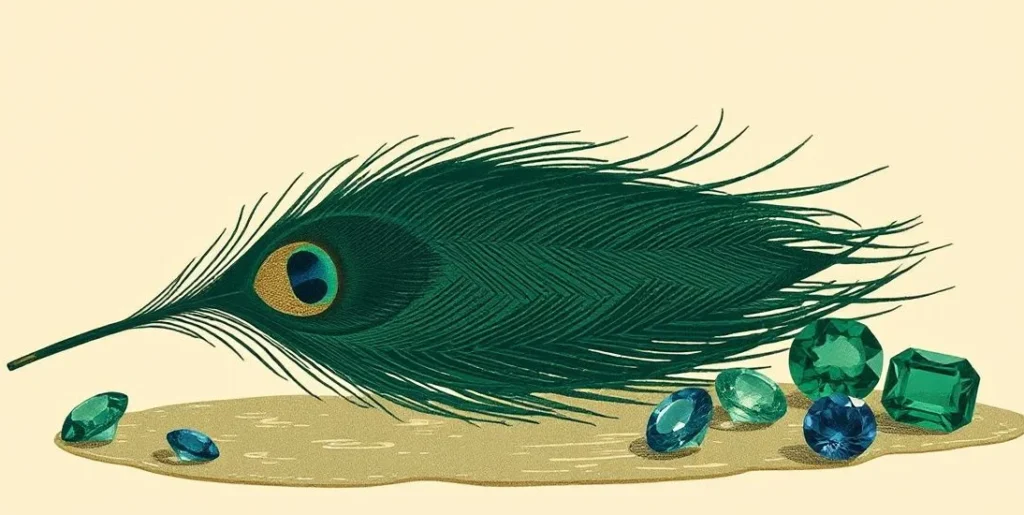 Illustration of a peacock feather beside sapphire and emerald gemstones