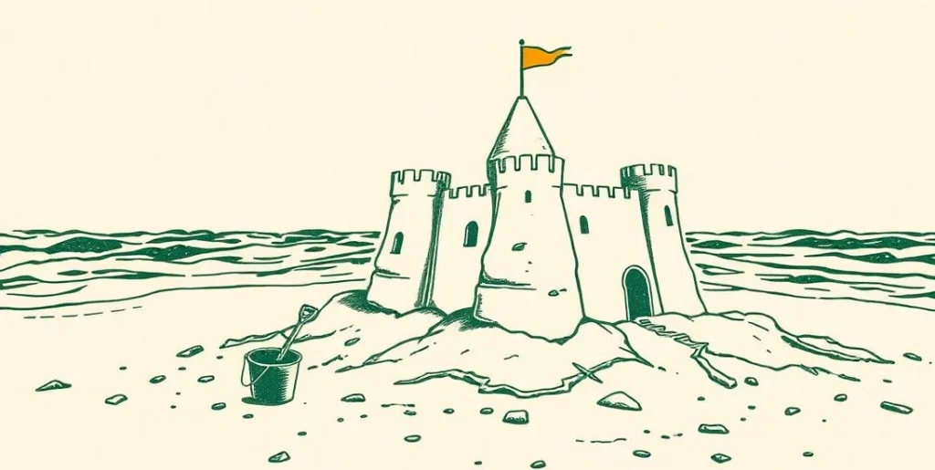 Illustration of a crumbling sandcastle on a beach as waves wash over it