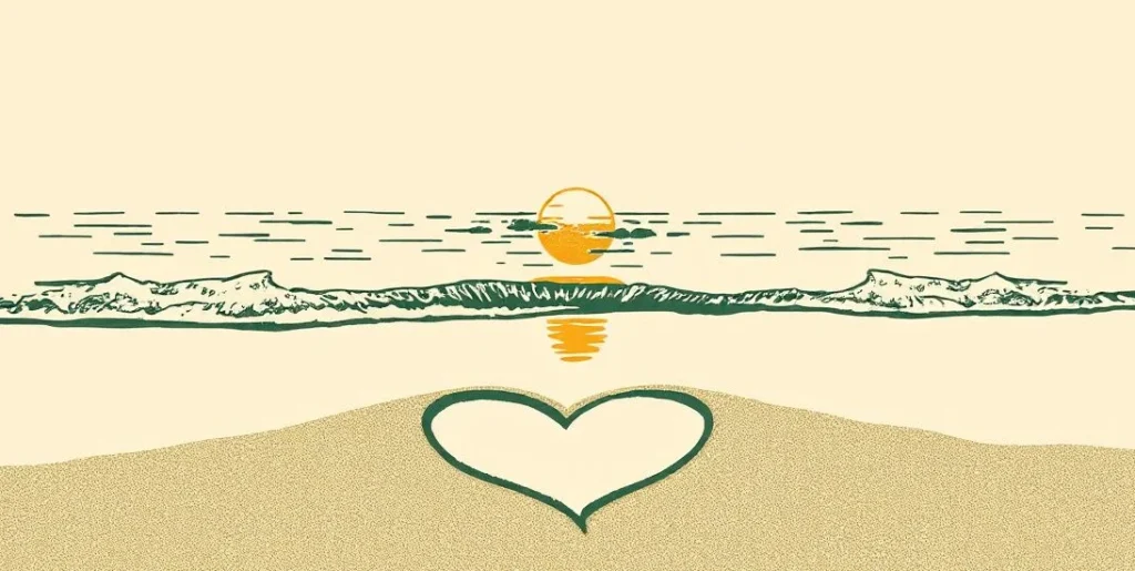 Illustration of a heart drawn in the sand as the tide rolls in