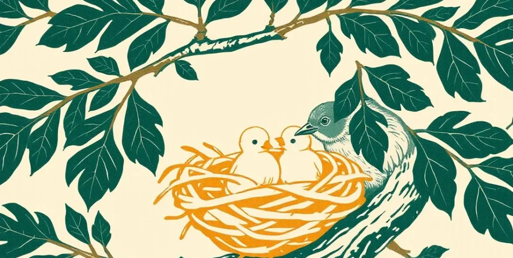 Illustration of a nest of chicks sheltered by a parent bird in a tree