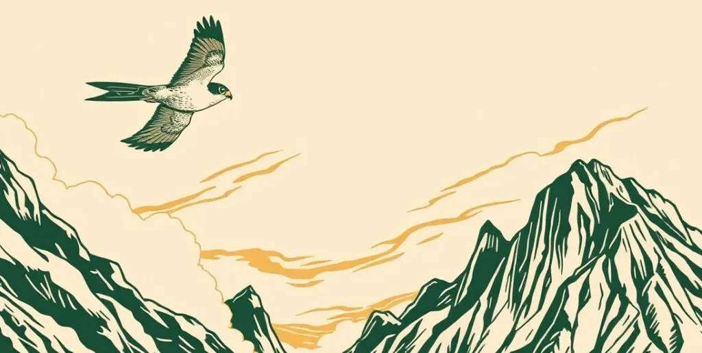 Illustration of a falcon diving through the sky past rugged cliffs