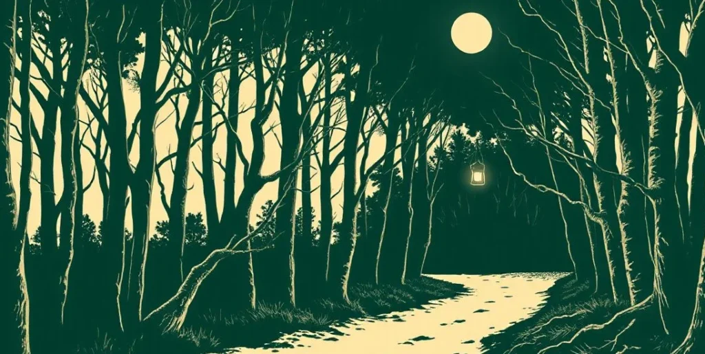 Illustration of a dark forest path at night lit by a single lantern