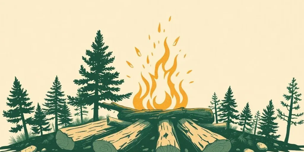 Illustration of a crackling campfire with sparks rising into the night sky