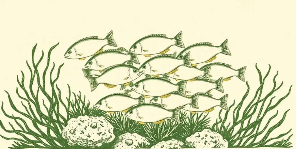 Illustration of a school of fish swimming around coral and seaweed