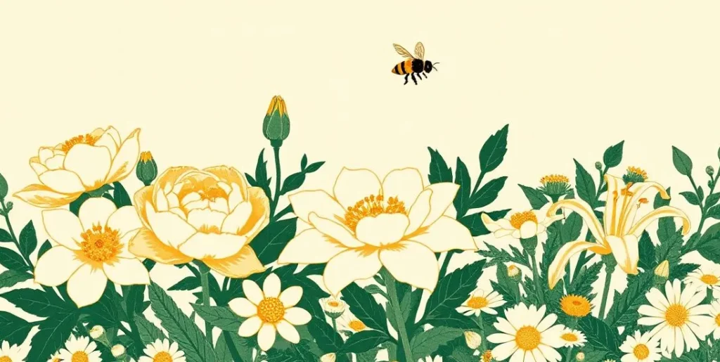 Illustration of a garden bed of peonies, lilies and daisies in bloom