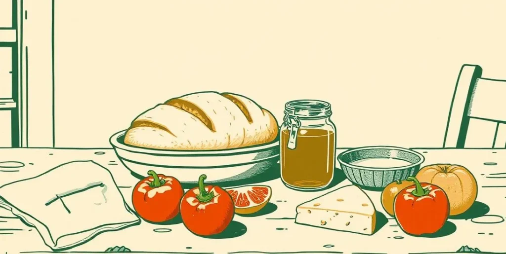 Illustration of bread, honey, peppers, apples and cheese on a rustic kitchen table