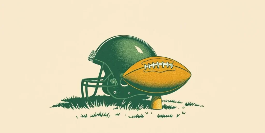 Illustration of a football helmet beside a ball on a kicking tee