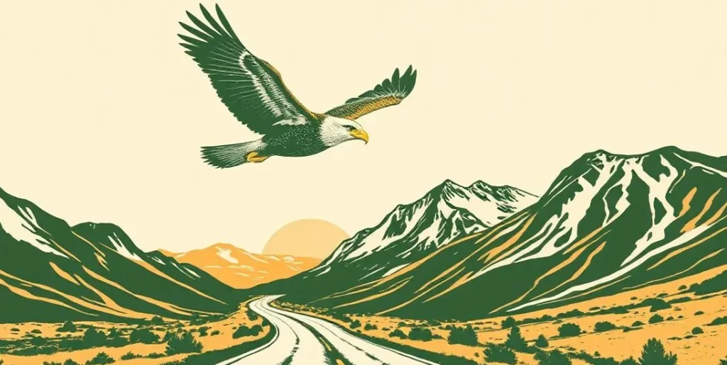 Illustration of an eagle soaring above an open road winding through mountains