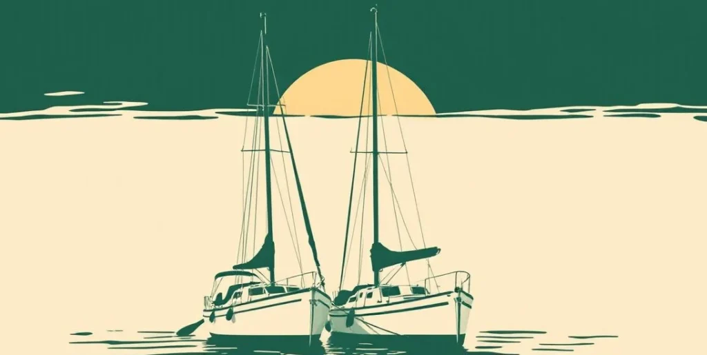 Illustration of two sailboats moored side by side in a calm harbor