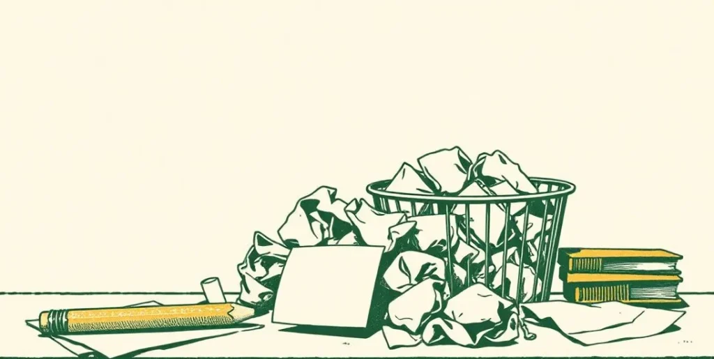 Illustration of a snapped pencil and crumpled paper around an overflowing wastebasket