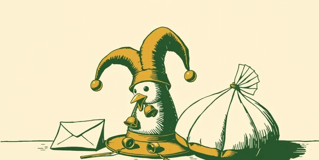 Illustration of a jester's hat with bells beside a rubber chicken