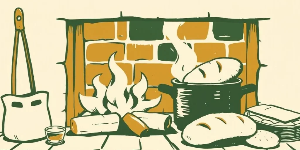 Illustration of a warm hearth with simmering stew and a loaf of bread
