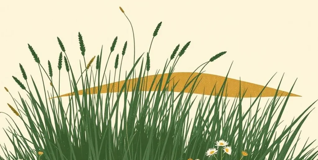 Illustration of tall meadow grass swaying in the breeze among wildflowers