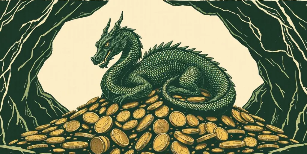 Illustration of a dragon curled on a hoard of gold in a cave