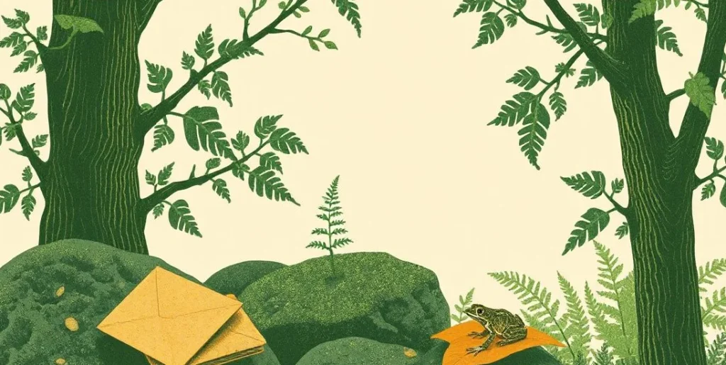 Illustration of a mossy green forest with ferns and a tree frog