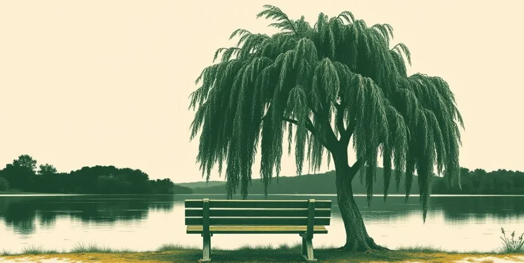 Illustration of an empty bench beneath a weeping willow beside a lake at dusk