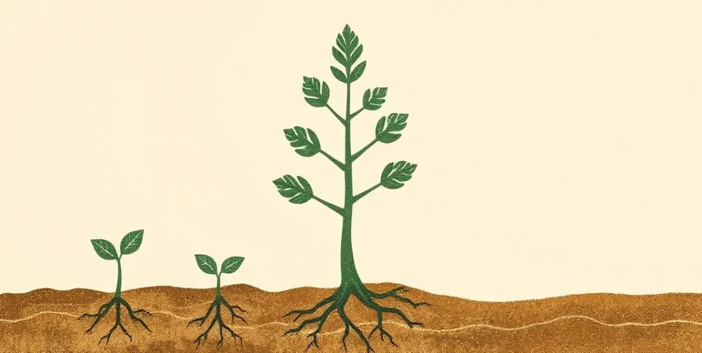 Illustration of a seedling, sapling and full tree with roots below the soil