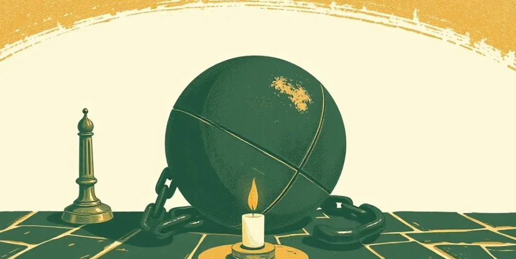 Illustration of a heavy iron ball and chain under a single candle