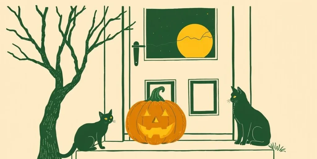 Illustration of a glowing jack-o'-lantern and a black cat under a full moon