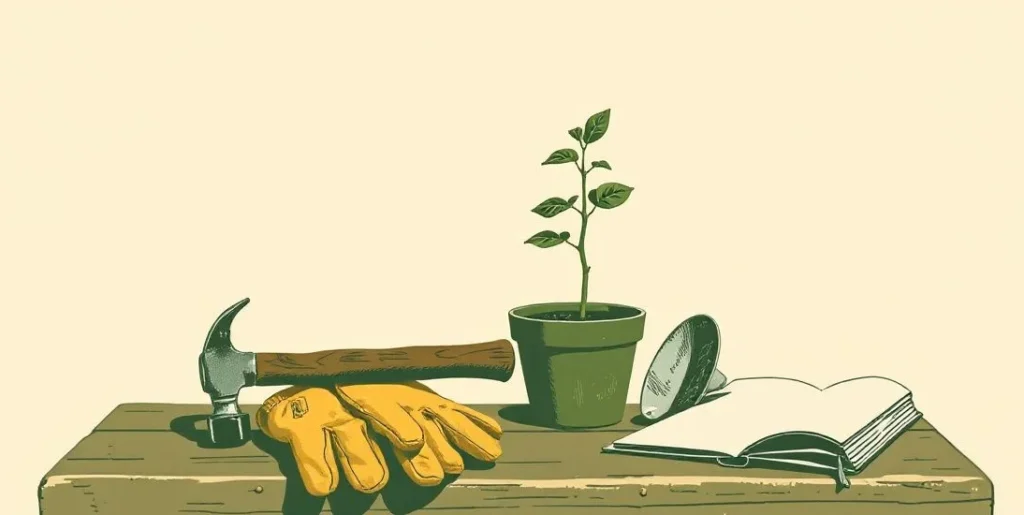 Illustration of work gloves, a hammer, a trowel and a seedling on a bench