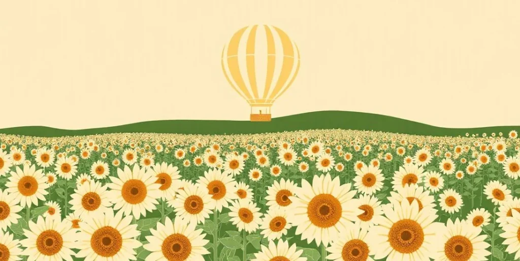 Illustration of a sunflower field under a warm sun with a hot air balloon