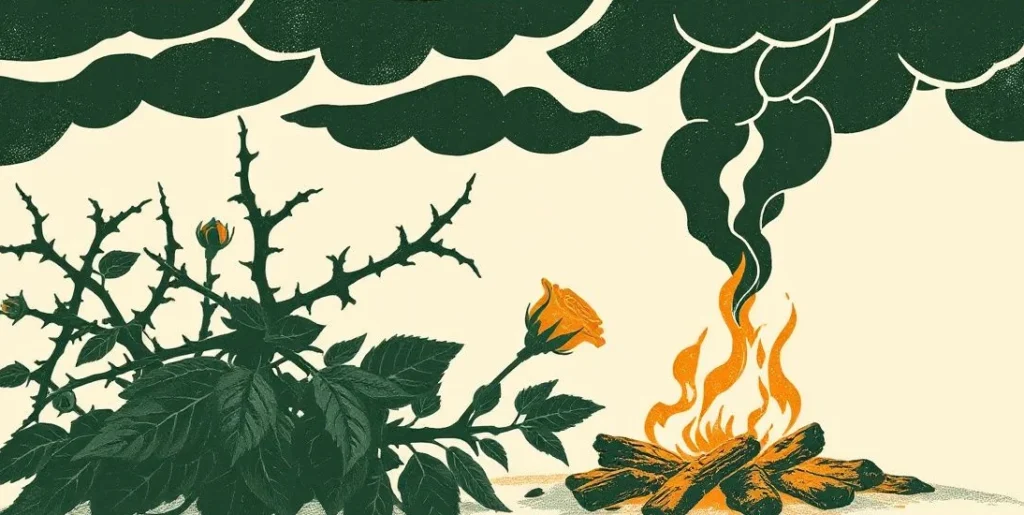 Illustration of thorny brambles choking a wilted rose beside a smoldering fire