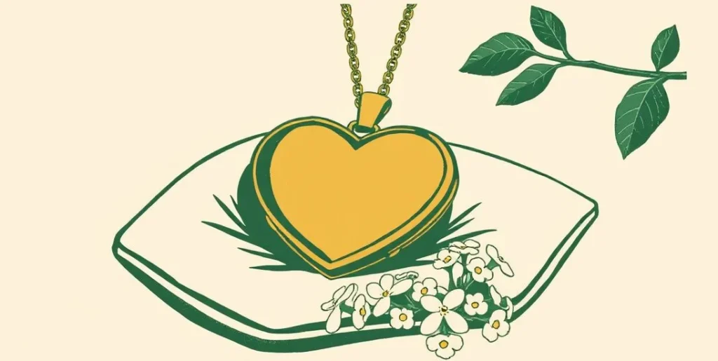 Illustration of a heart-shaped golden locket resting on velvet beside forget-me-nots