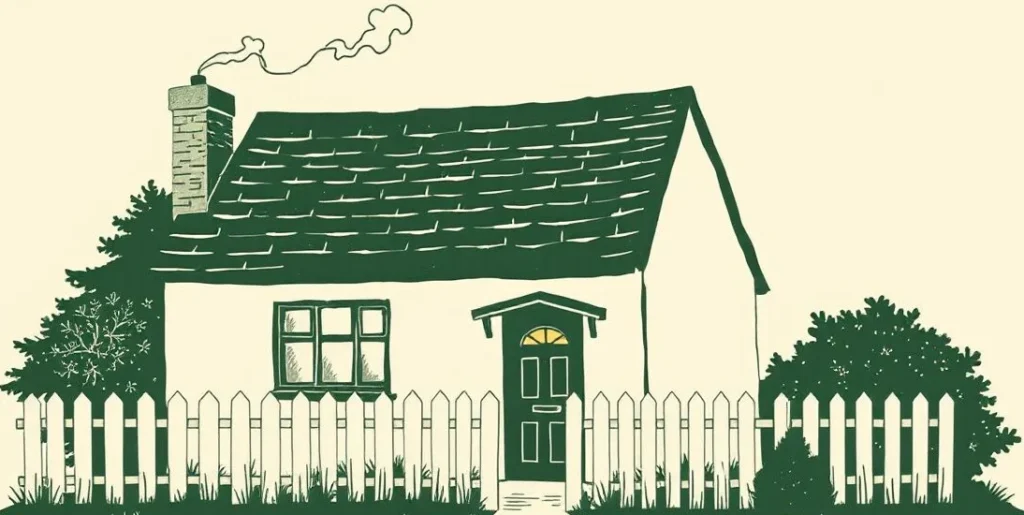 Illustration of a cozy cottage with a smoking chimney and a lit window
