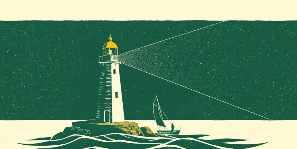 Illustration of a lighthouse beam cutting through a stormy sea toward a sailboat