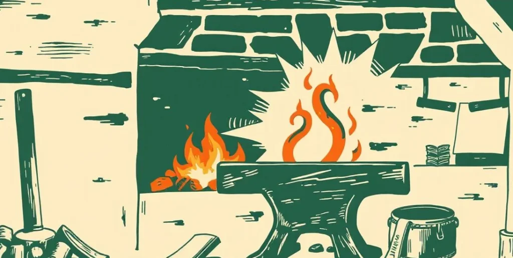 Illustration of a forge with glowing coals and a red-hot horseshoe on an anvil