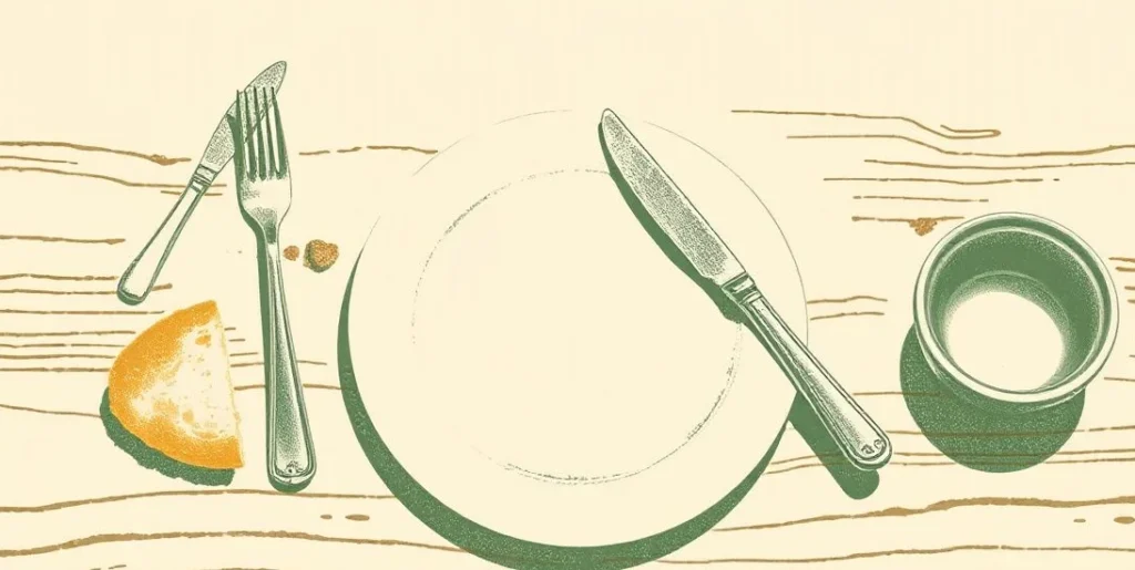 Illustration of an empty plate with a knife and fork beside a crust of bread and an empty bowl