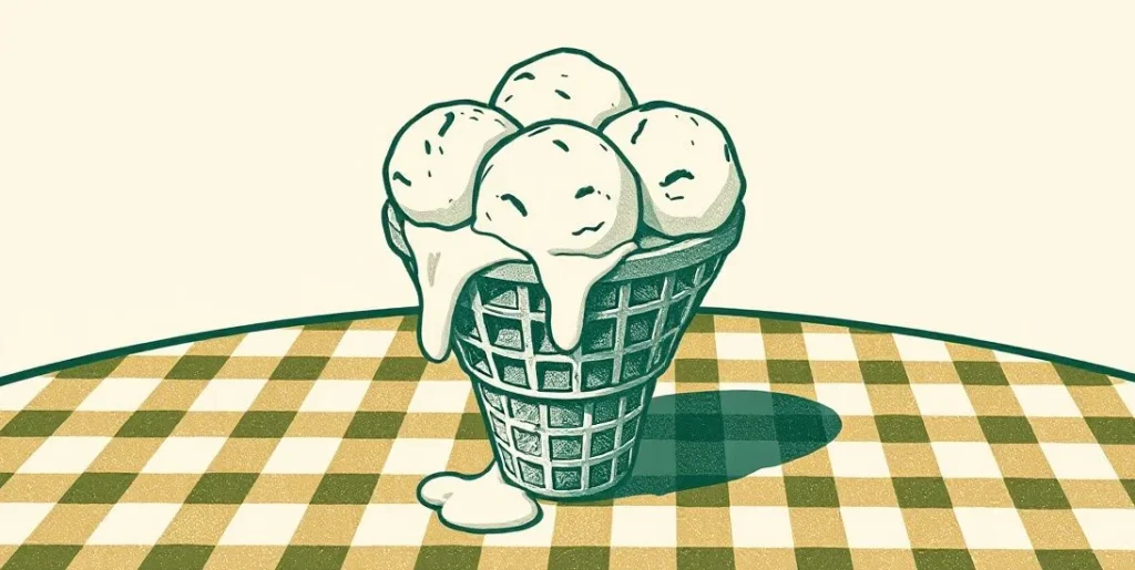 Illustration of a three-scoop ice cream cone on a picnic table