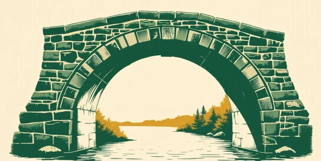 Illustration of a stone arch bridge with its keystone lit by sunlight