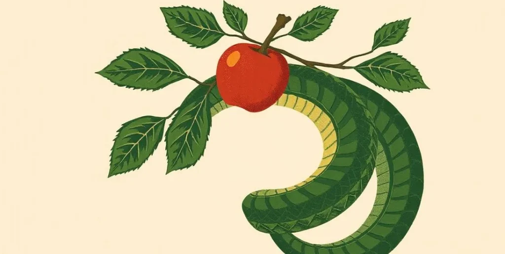 Illustration of a green serpent coiled around an apple branch
