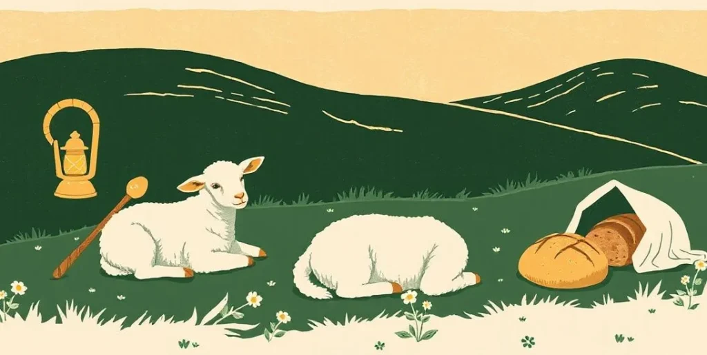 Illustration of a lamb on a hillside beside a lantern and a loaf of bread