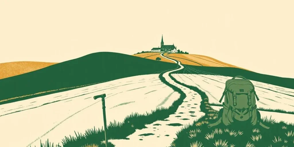 Illustration of a winding footpath through rolling hills toward a distant village