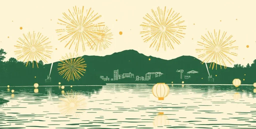 Illustration of golden fireworks bursting over a lake with floating paper lanterns