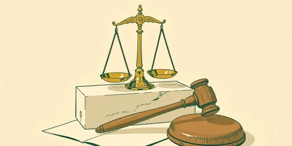 Illustration of brass balance scales on a stone block beside a wooden gavel