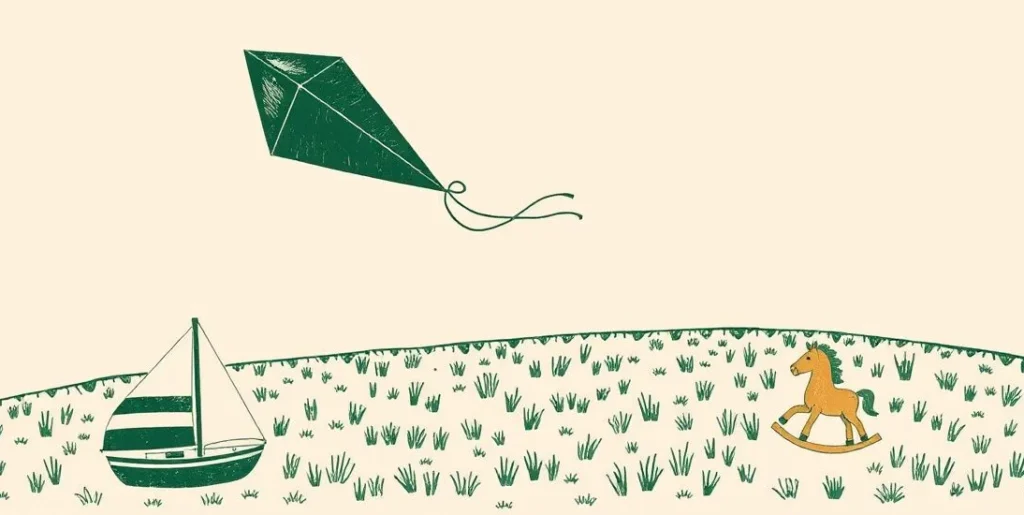 Illustration of a kite over a meadow with a toy sailboat and rocking horse
