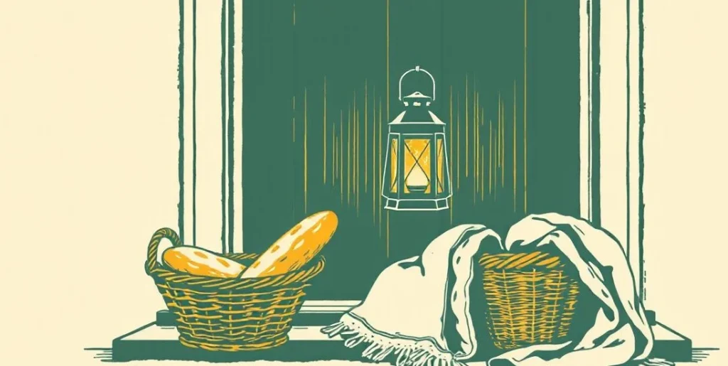 Illustration of a glowing lantern beside a bread basket and knitted scarf on a doorstep