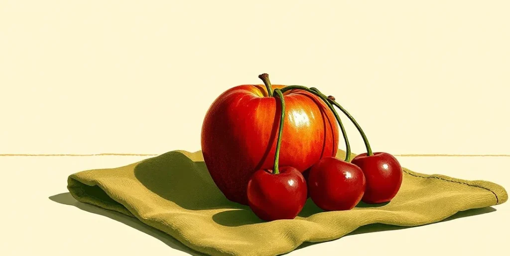 Illustration of a red apple and paired cherries on velvet cloth