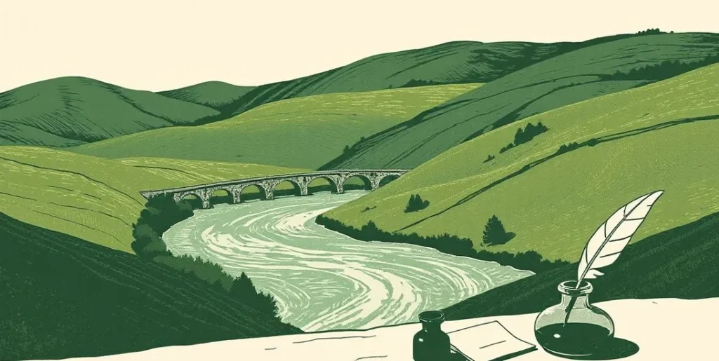 Illustration of a winding river through hills beside a quill and ink pot