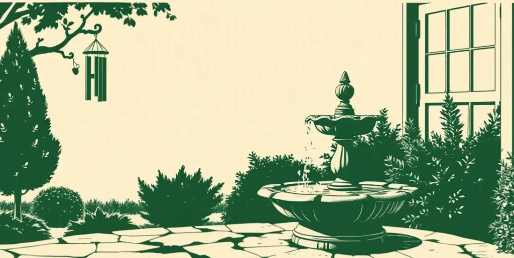 Illustration of a splashing garden fountain beside swaying wind chimes