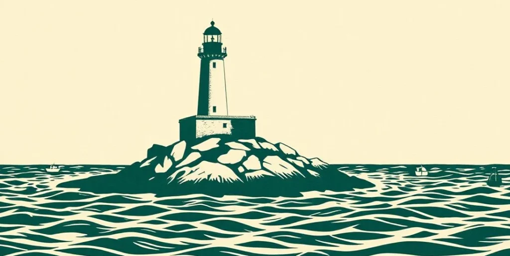 Illustration of a lighthouse beam guiding small boats across dark waves
