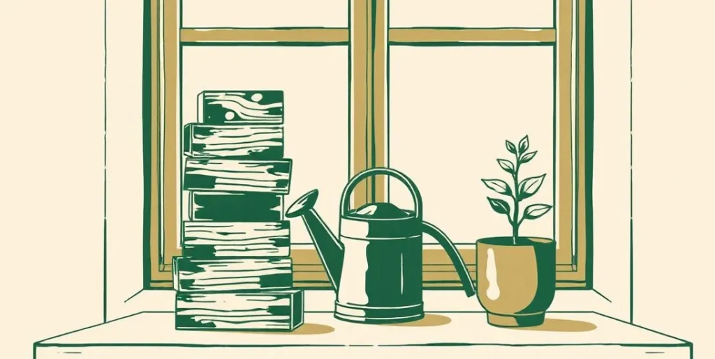 Illustration of building blocks, a watering can and a potted plant on a windowsill
